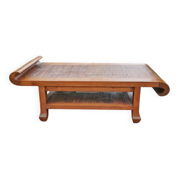 Table basse vintage en bois massif et bambou – design  2 niveaux
