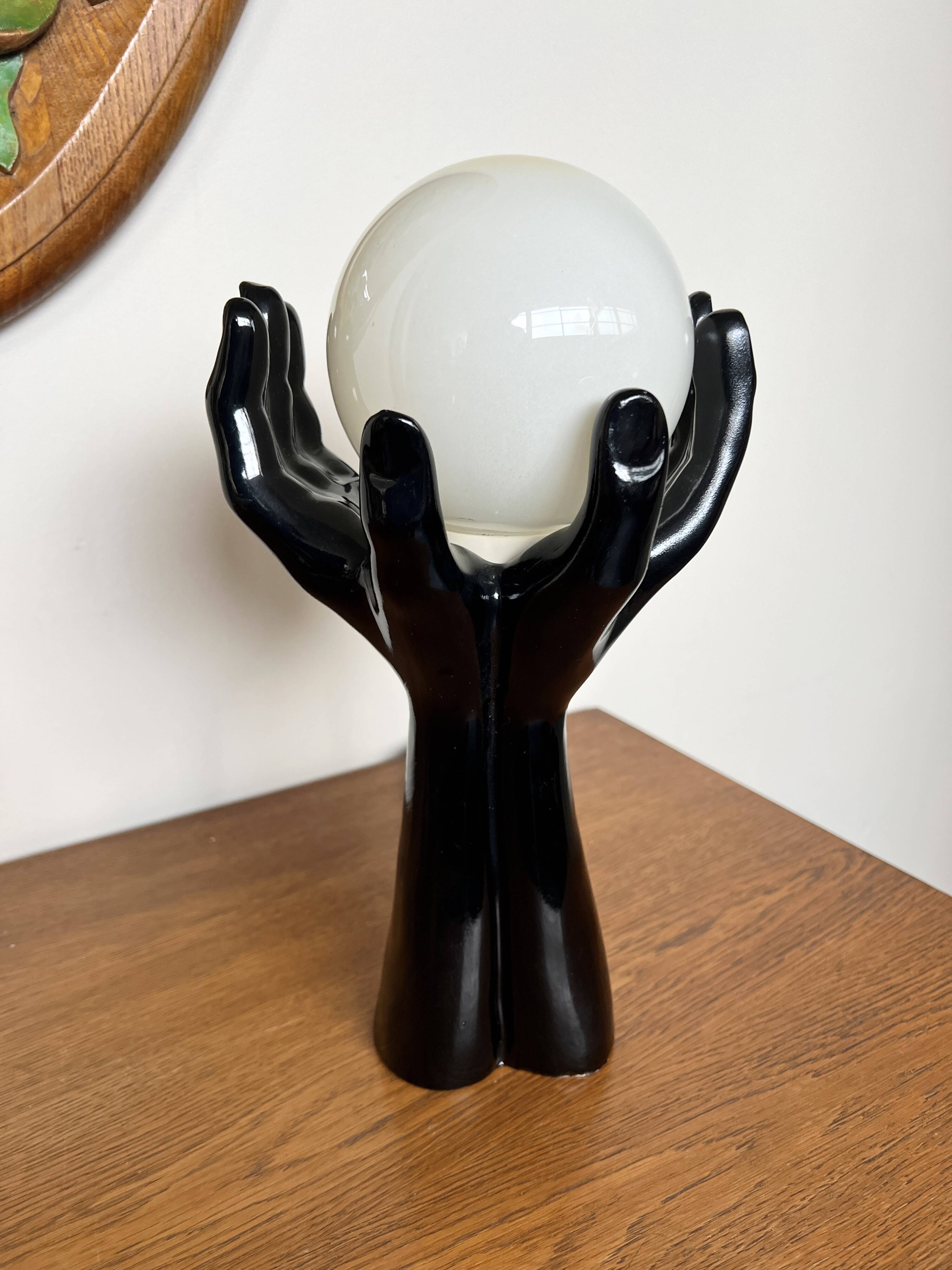 Black Ceramic Lamp with Hands & Opaline Globe – 70s Art Deco Style