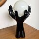 Black Ceramic Lamp with Hands & Opaline Globe – 70s Art Deco Style