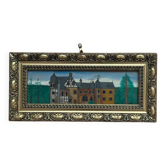 Original woodcut art “Buildings II” by unknown artist, vintage & framed 34×16cm