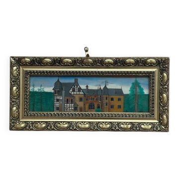 Original woodcut art “Buildings II” by unknown artist, vintage & framed 34×16cm