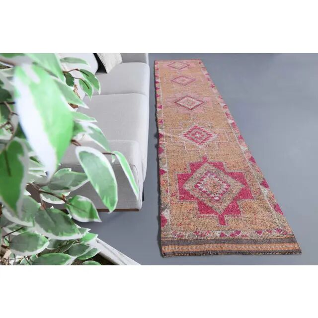 Vintage Turkish Hand-Knotted Wool Cotton Orange Runner Rug 83x355