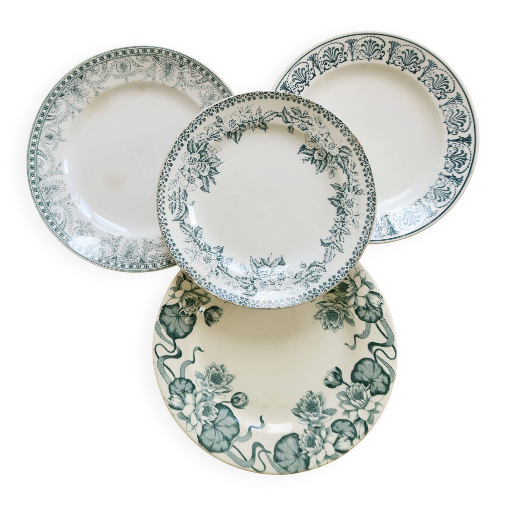 Vintage mismatched dessert plates in ironstone - Green tones