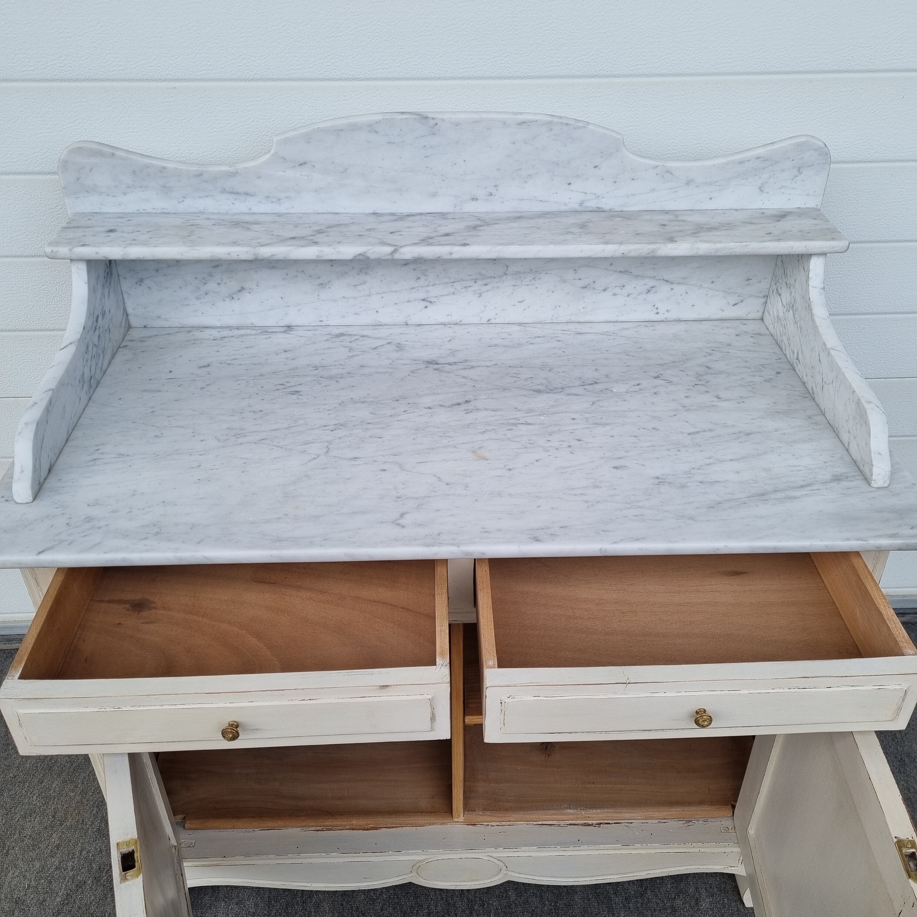 Patinated bathroom cabinet with marble 1940s