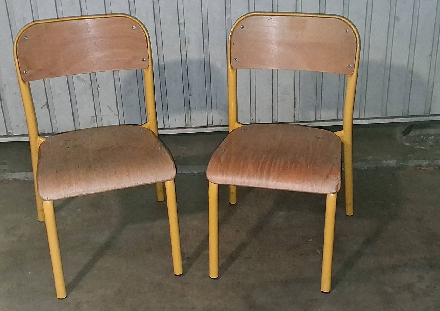 Pair of school chairs, wood and yellow metal, industrial decor.