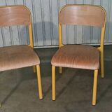 Pair of school chairs, wood and yellow metal, industrial decor.