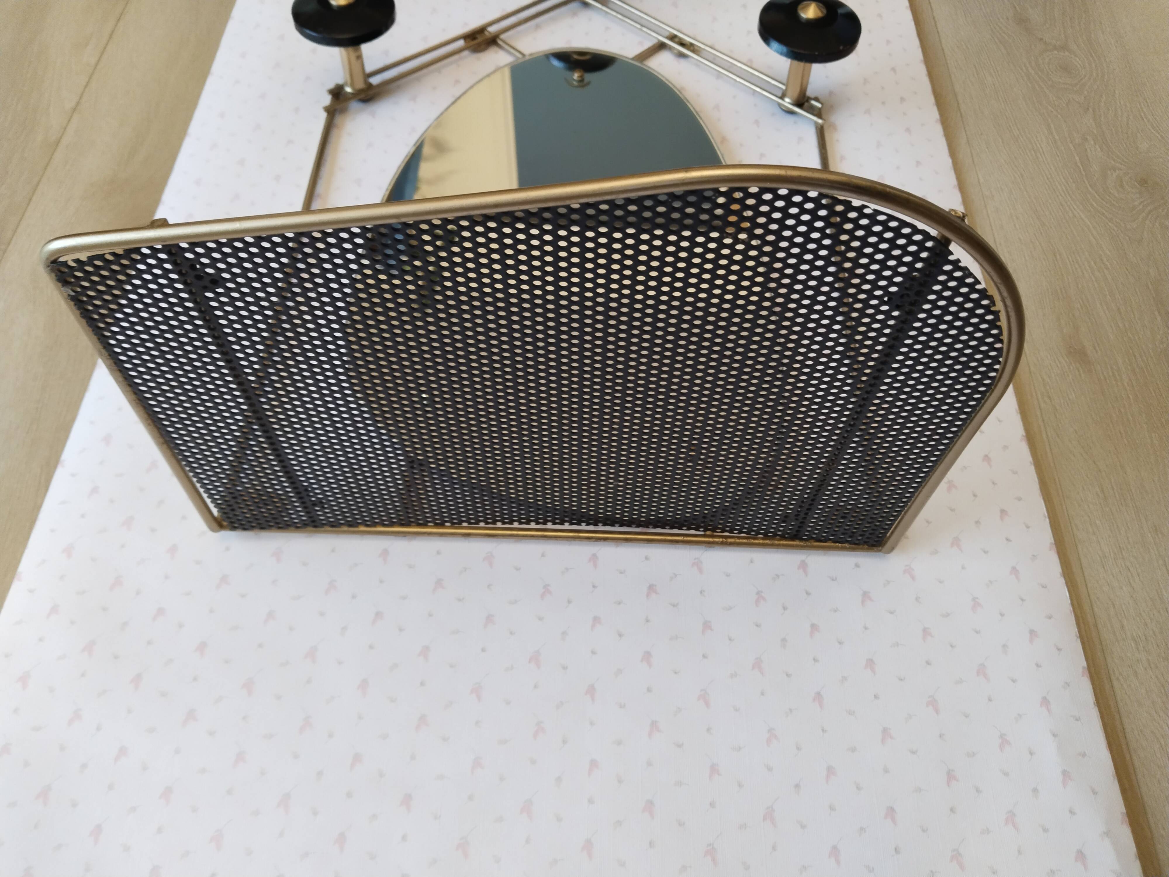 Matégot design mirror coat rack in brass and black perforated metal