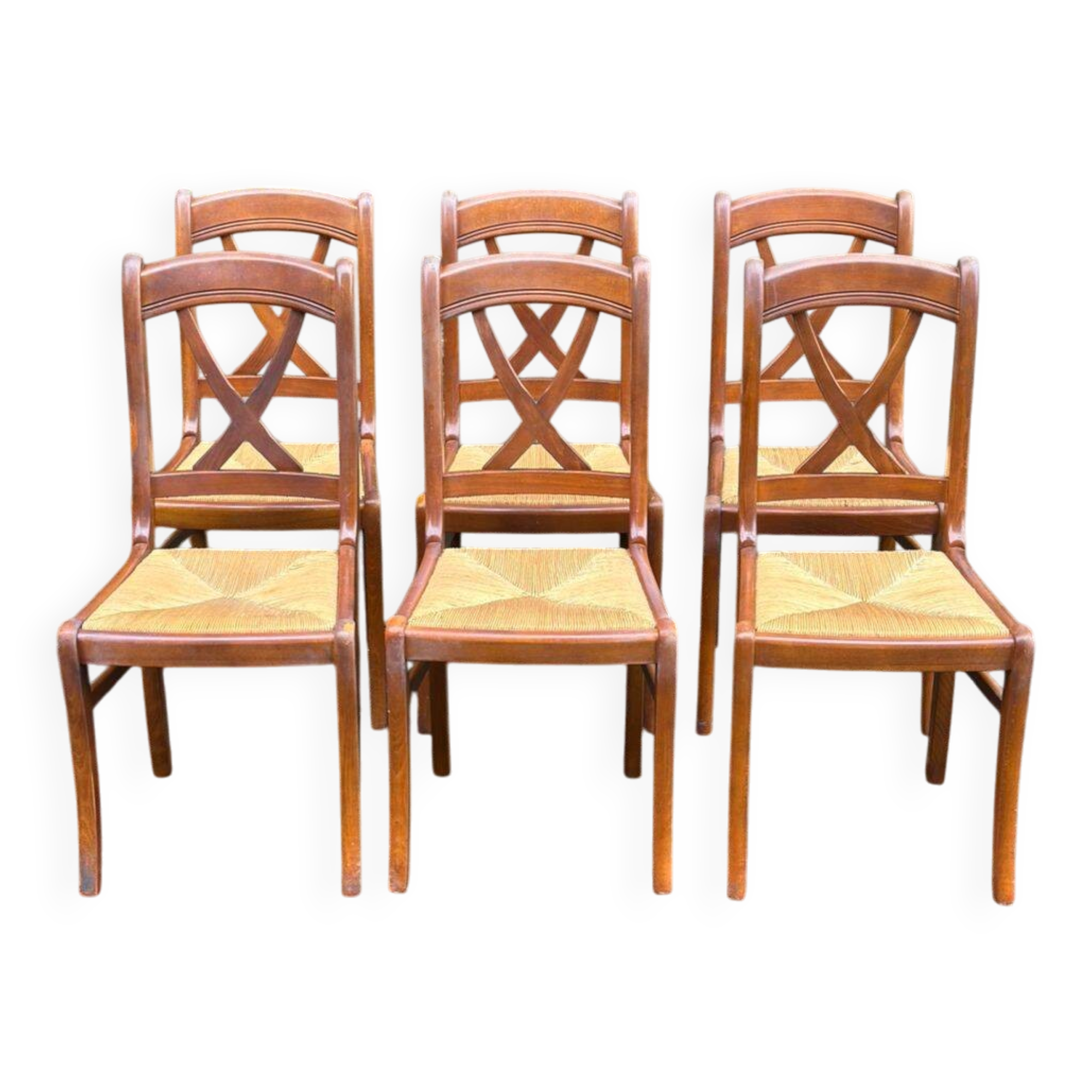 6 Directoire-style dining chairs in solid wood with rush seats from the 1960s.