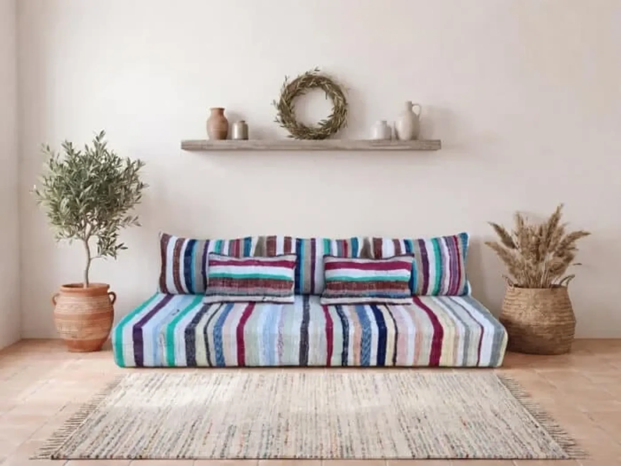 Pastel striped floor cushion, handwoven recycled cotton boucherouite.
