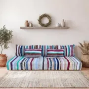 Pastel striped floor cushion, handwoven recycled cotton boucherouite.