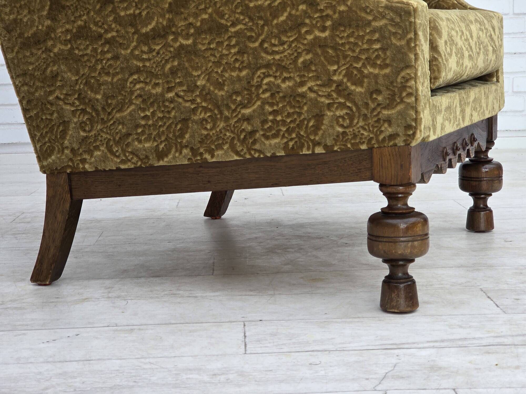 1960s, Danish armchair, furniture velour, carved oak wood.