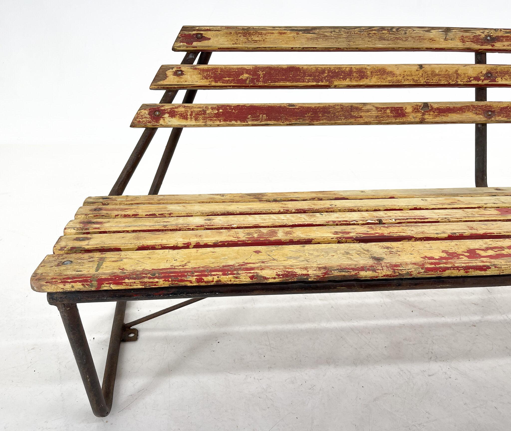 Vintage Industrial Slatted Bench with Original Patina