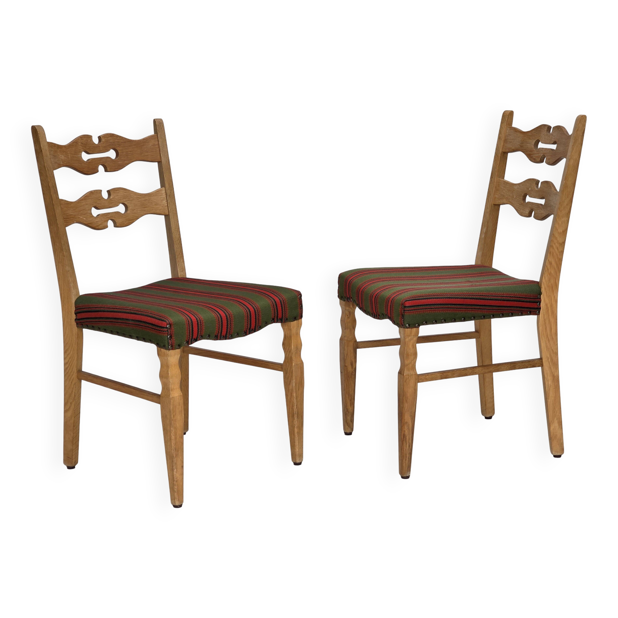 1970s, set of 2 Danish dining chairs, furniture wool, solid oak wood.
