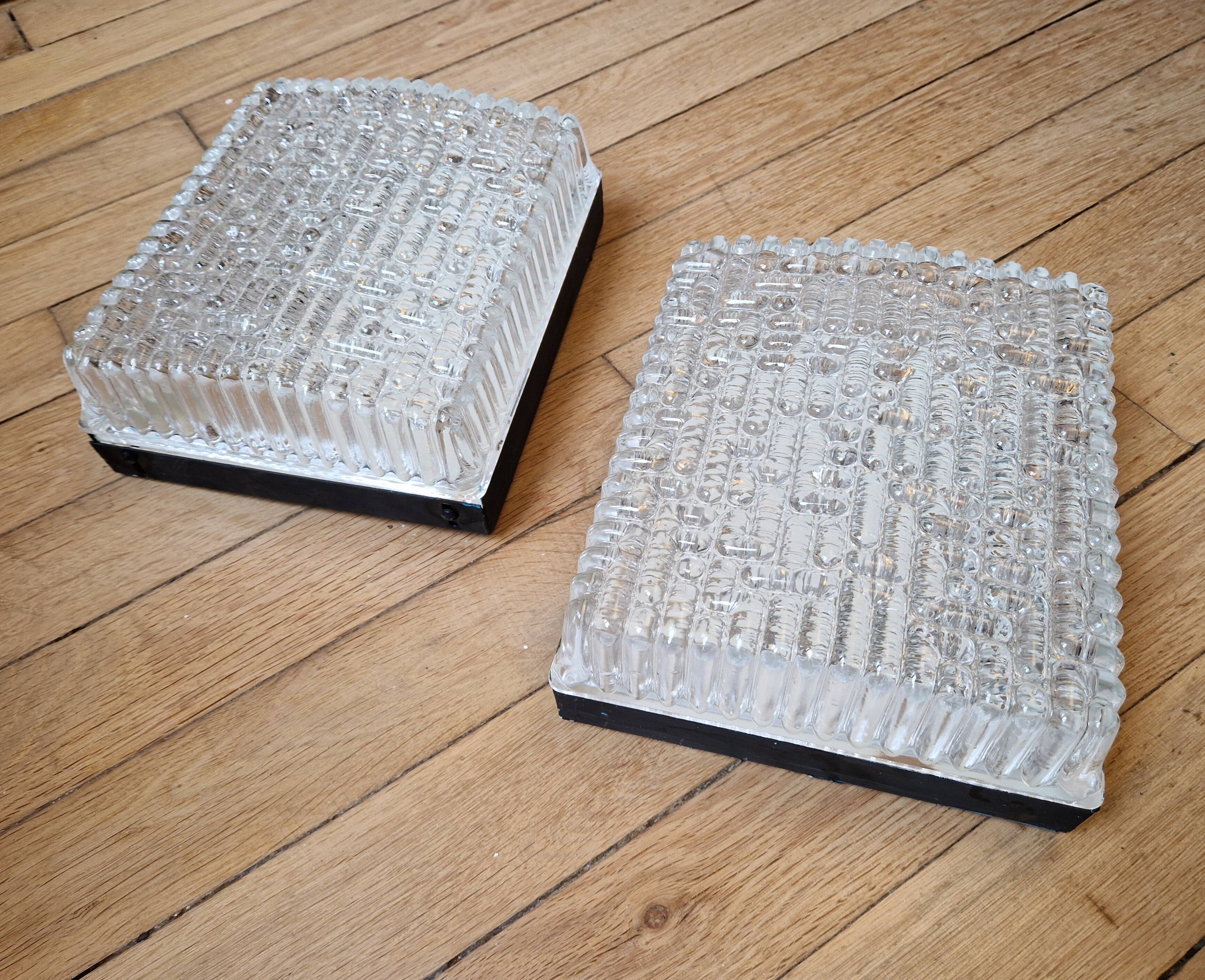 Pair of rectangular wall/ceiling lights in molded glass, 1960s