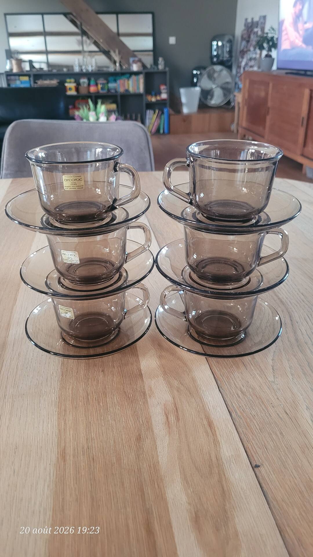 6 cups and saucers in Arcoroc BP glass