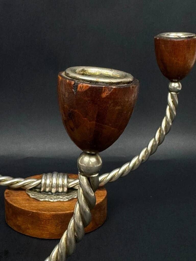 Pair of vintage candle holders in twisted wood and metal – Scandinavian design