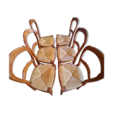 6 mulched solid wood chairs and 2 canework chairs