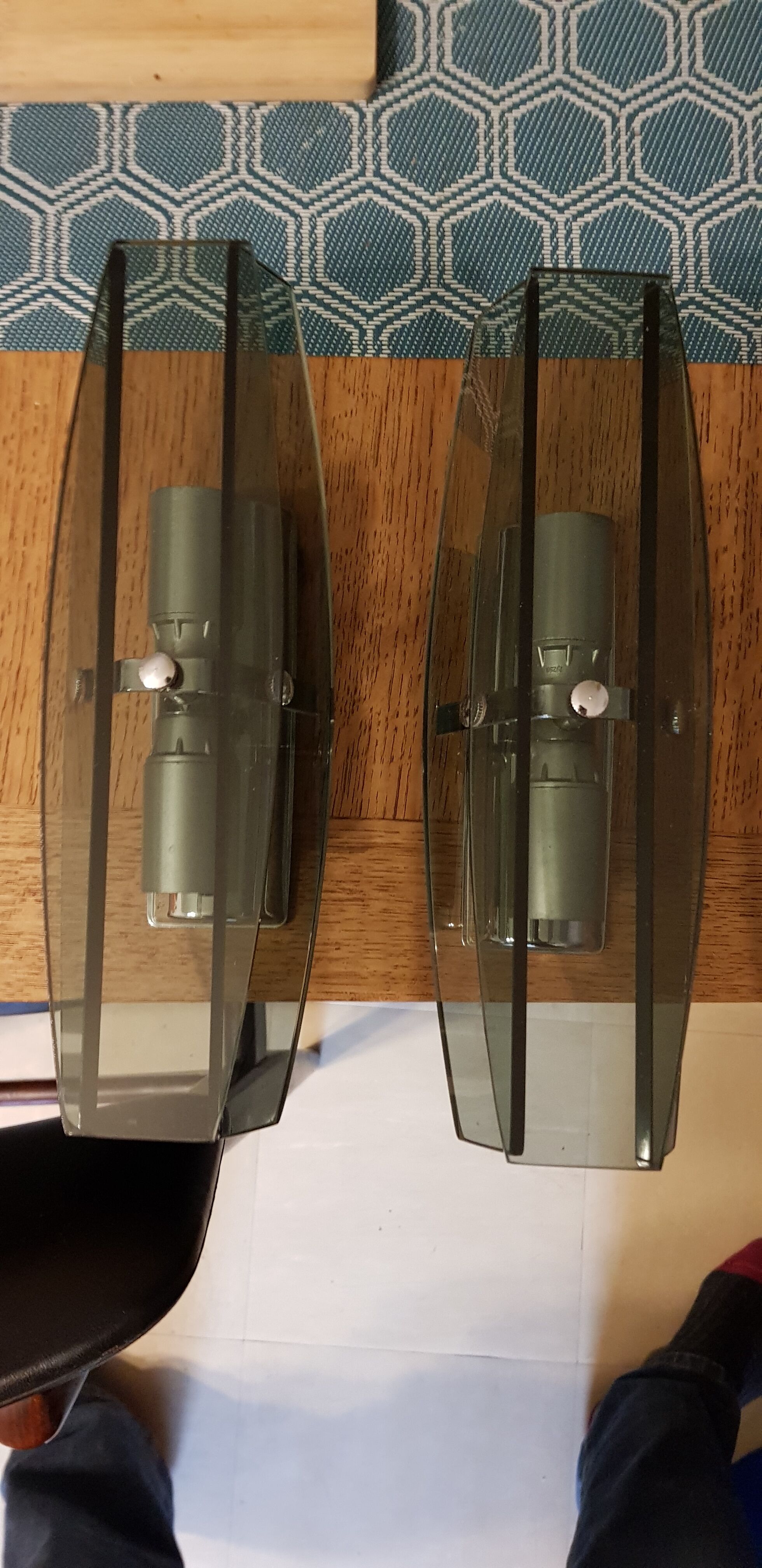 Wall light vintage UFO space age smoked glass and chrome pair