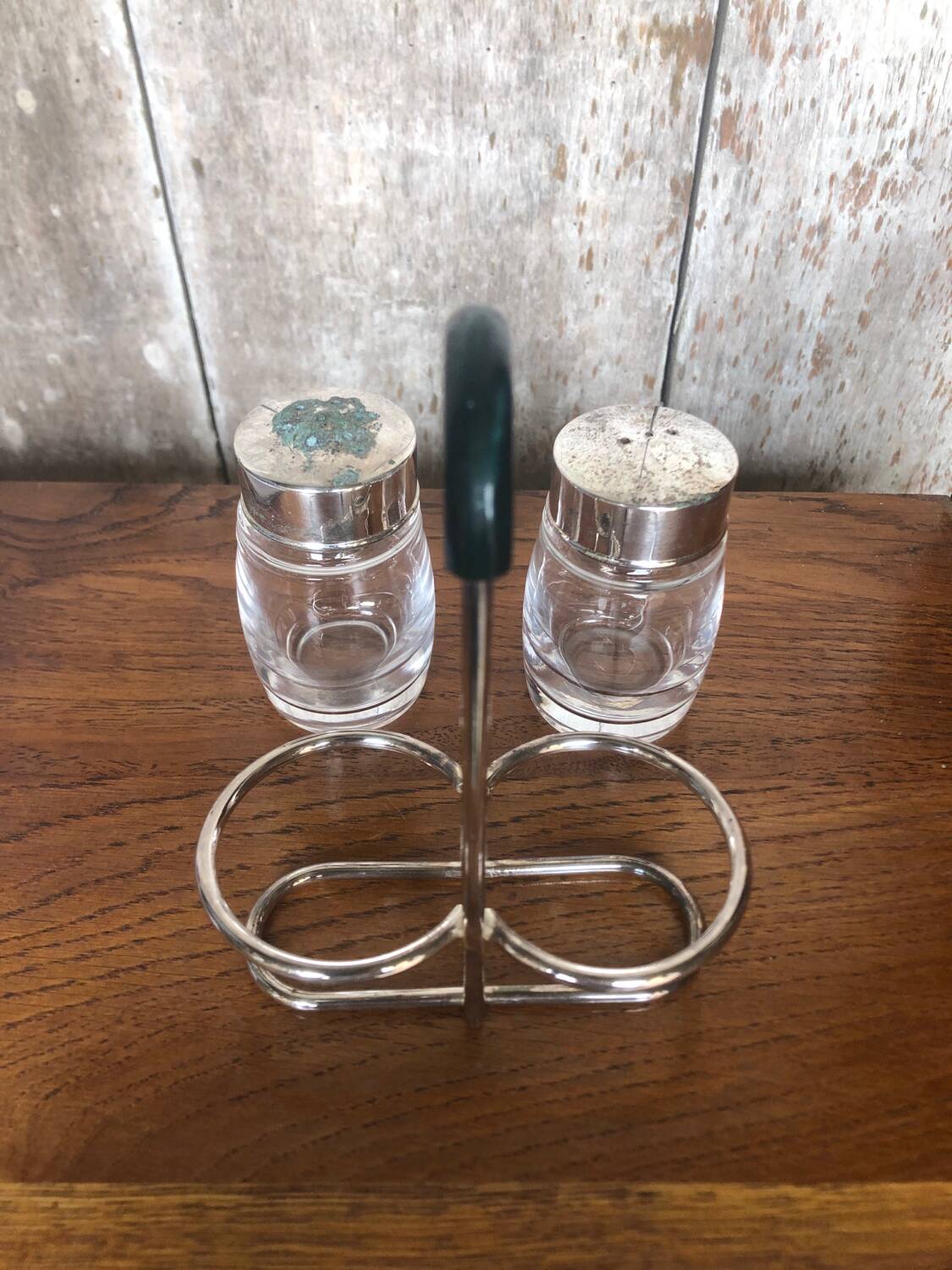 Old Service Salt Pepper Shaker Molded Glass + Vintage Silver Metal