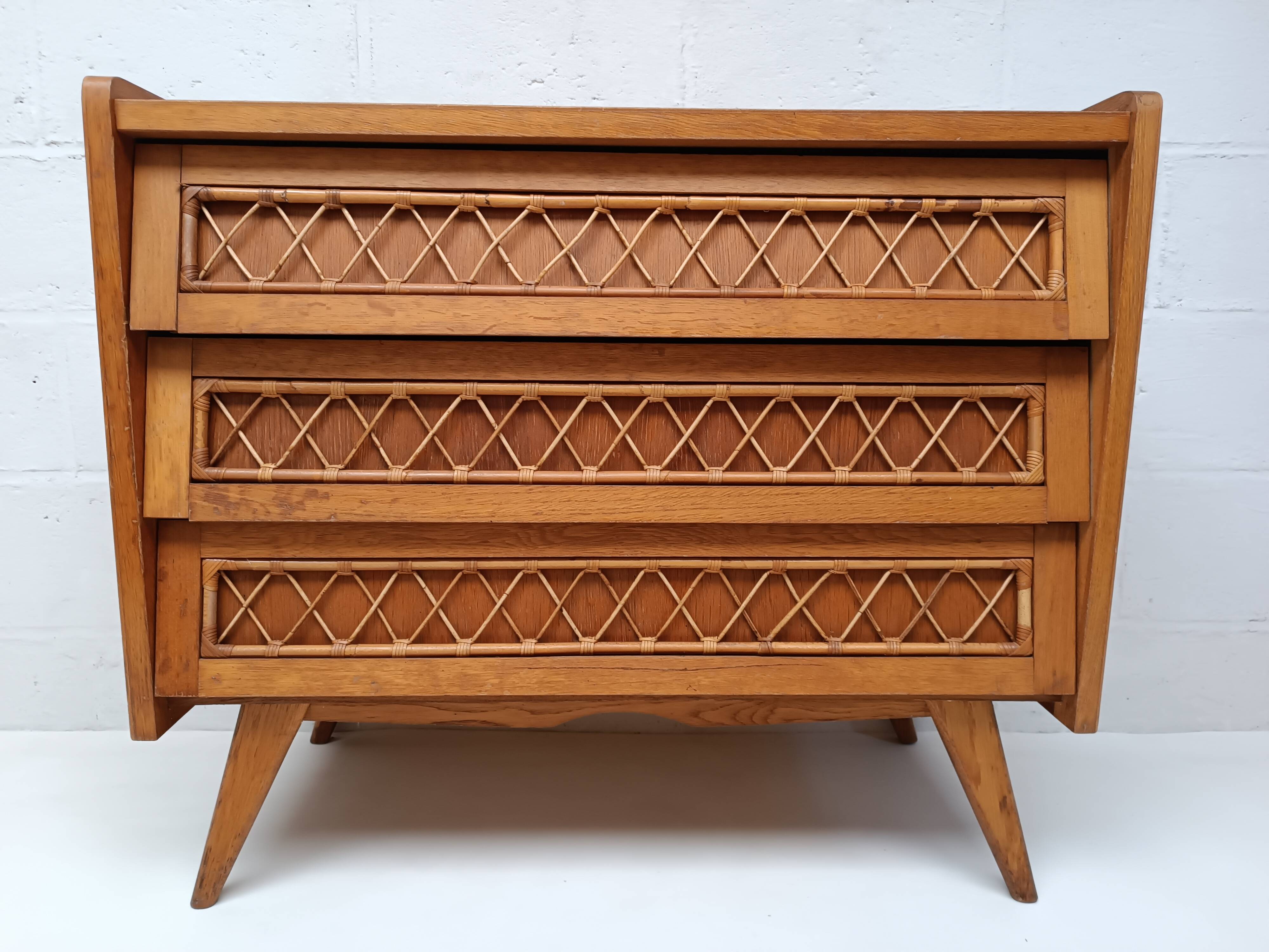 Vintage wood and rattan chest of drawers