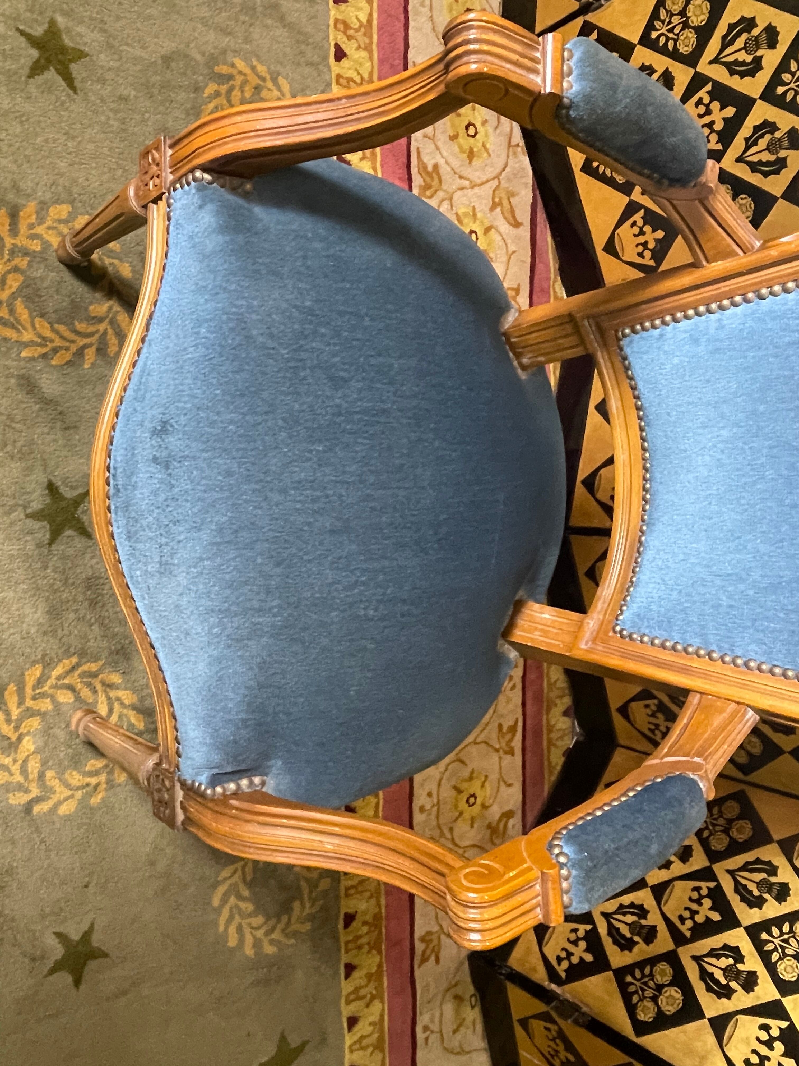 Louis XVI style convertible armchair blue velvet