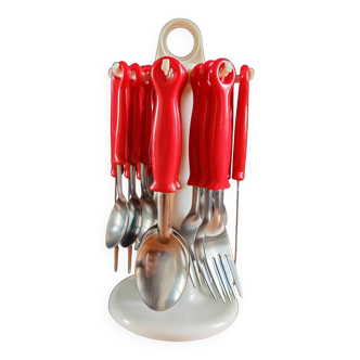 Vintage Pop Art Cutlery Set 1970s - 24 Pieces with Red Handles