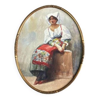 watercolor painting 1900 "The beautiful Roman" signed L.Homberg