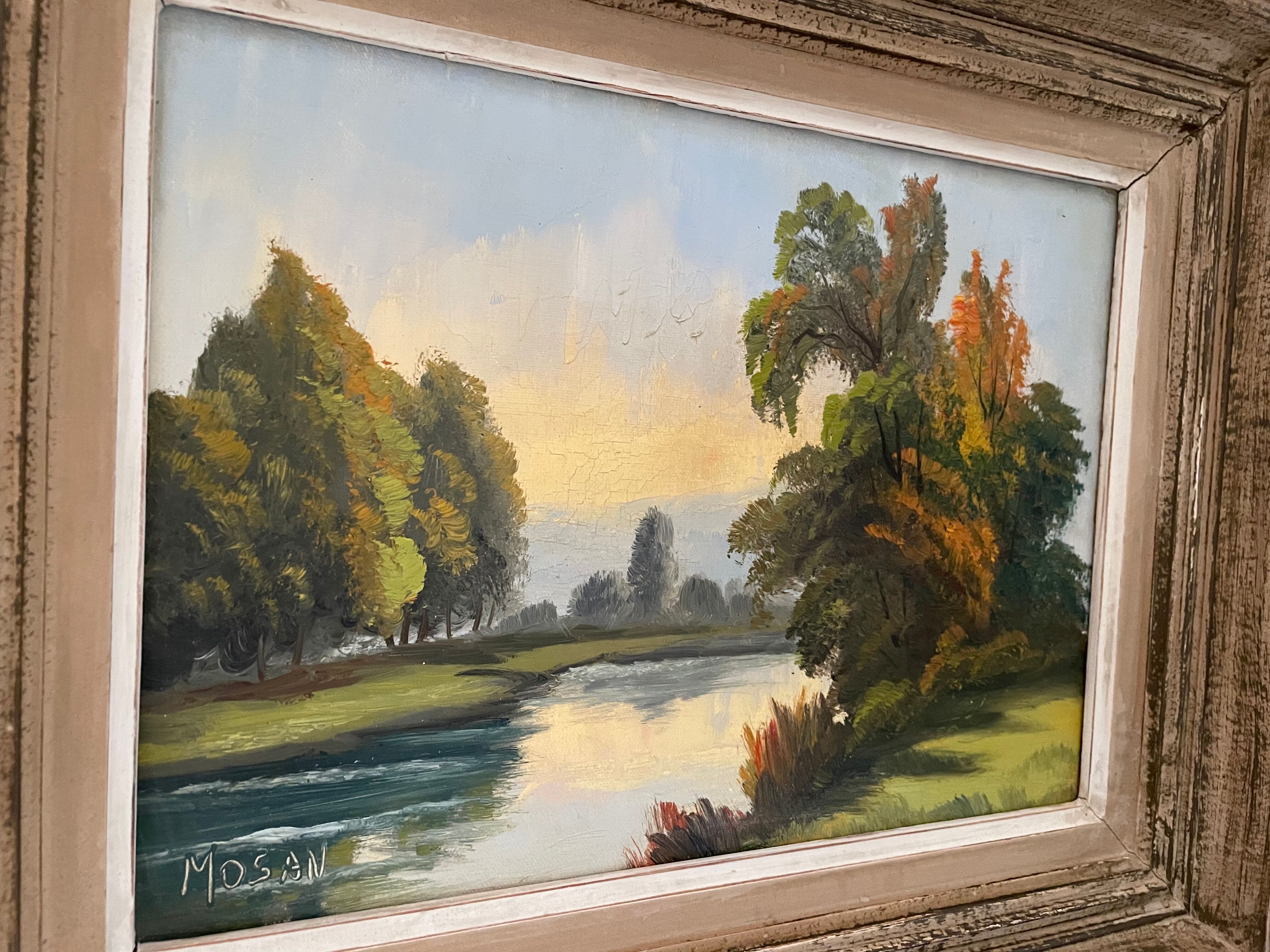 Oil on canvas framed river landscape