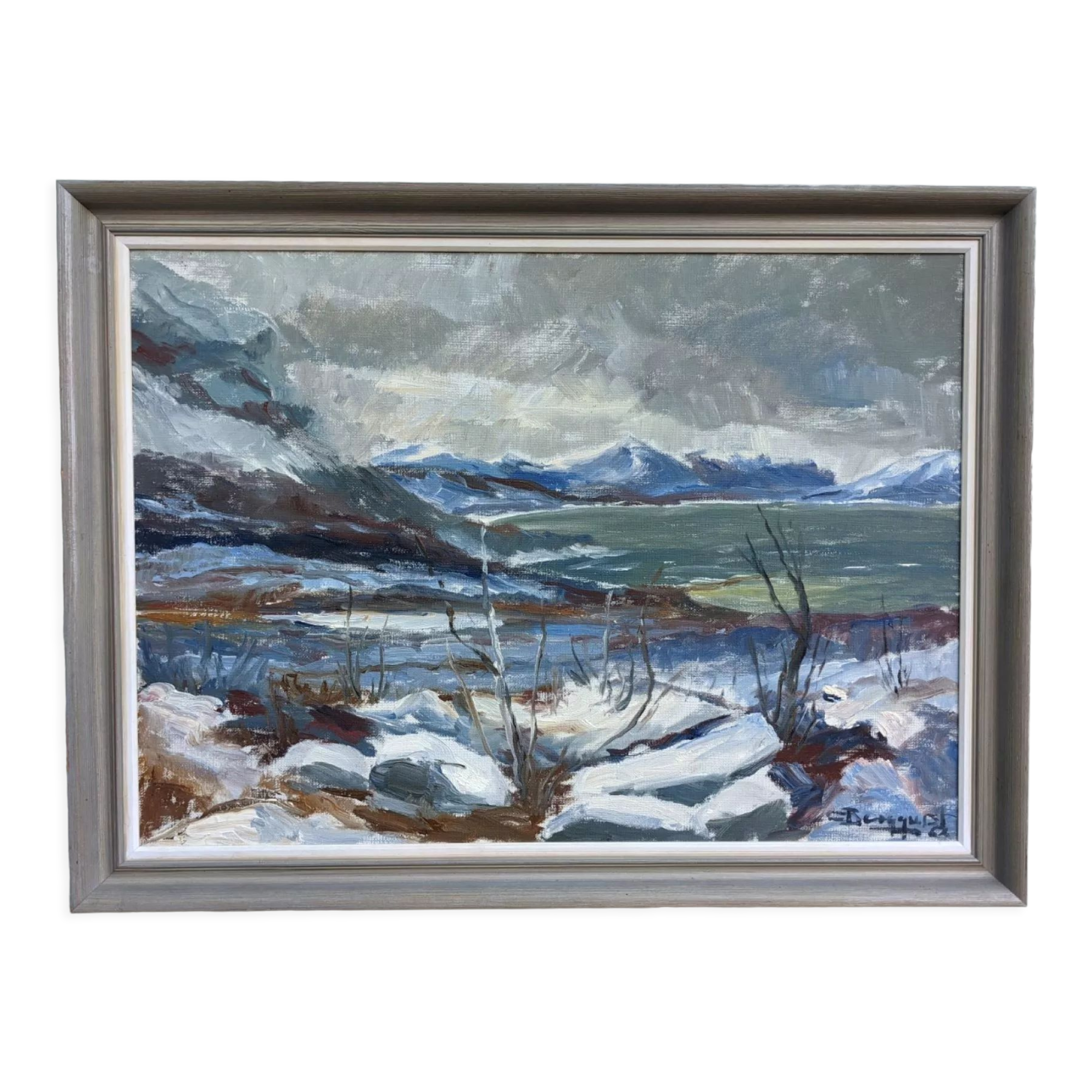 Mid 20th Century "The Mountains" Swedish Expressionist Winter Landscape Oil Painting, Framed