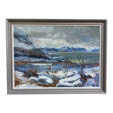 Mid 20th Century "The Mountains" Swedish Expressionist Winter Landscape Oil Painting, Framed