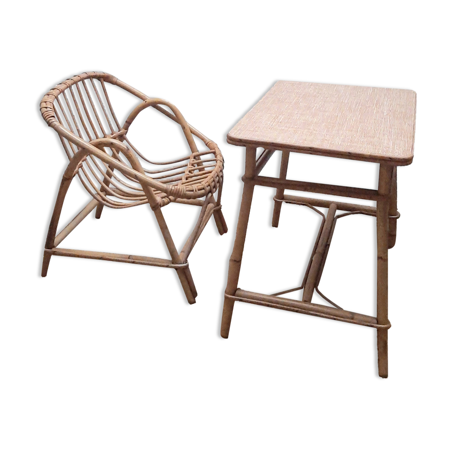 Set desk and armchair child rattan wicker 70s
