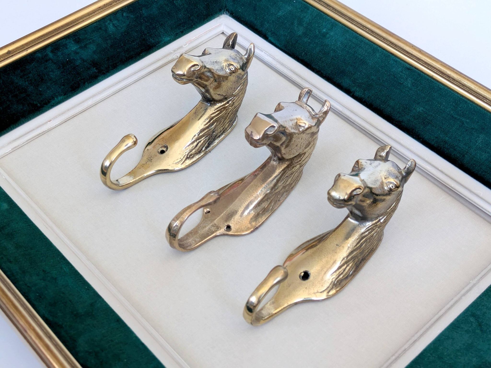 Set of 3 brass wall hooks horse head vintage coat hangers