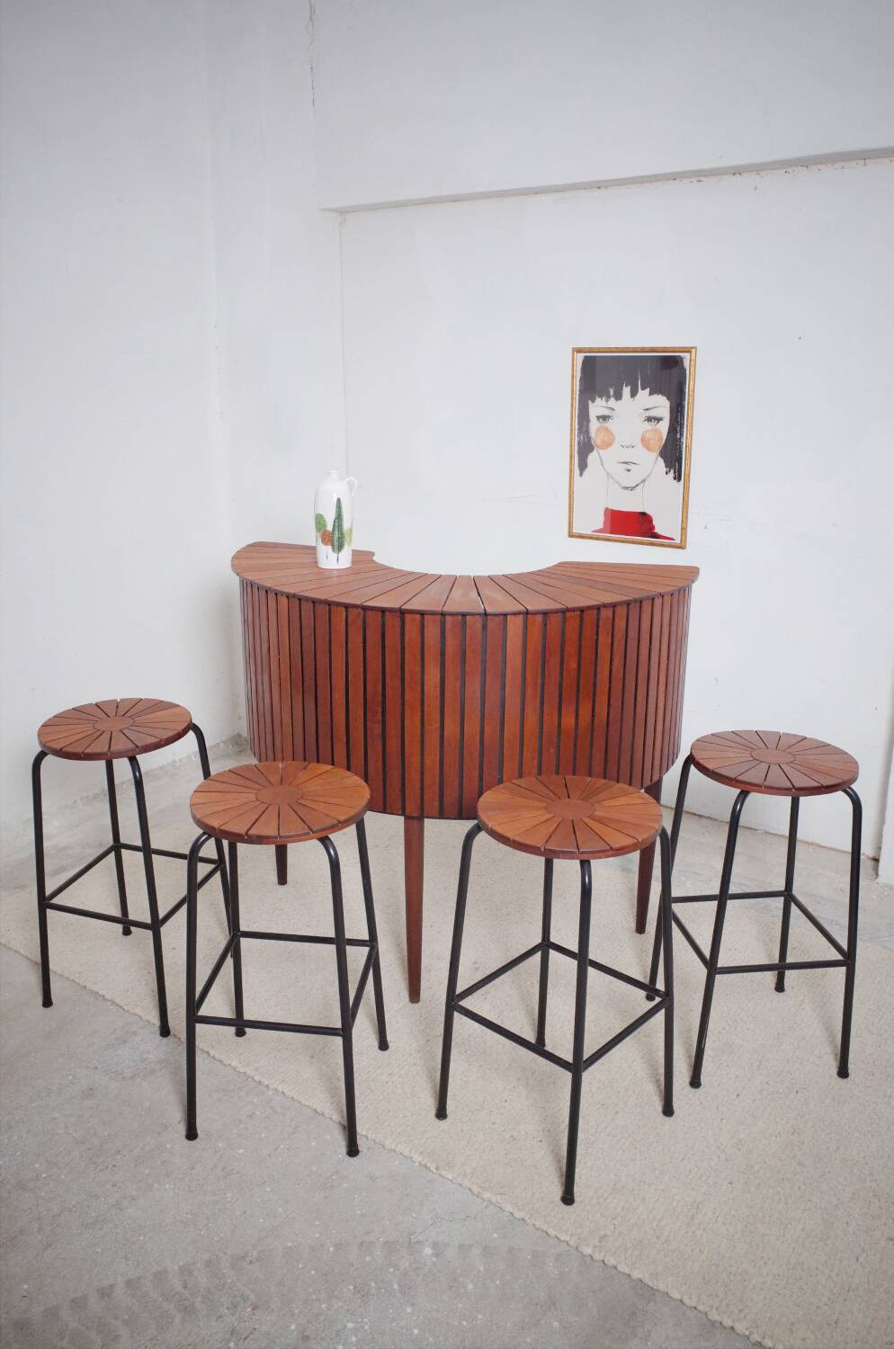 Sika Møbler vintage Bar mit 4 Barhocker aus Teak