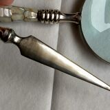 Magnifying glass set and letter opens in silver metal and mother-of-pearl