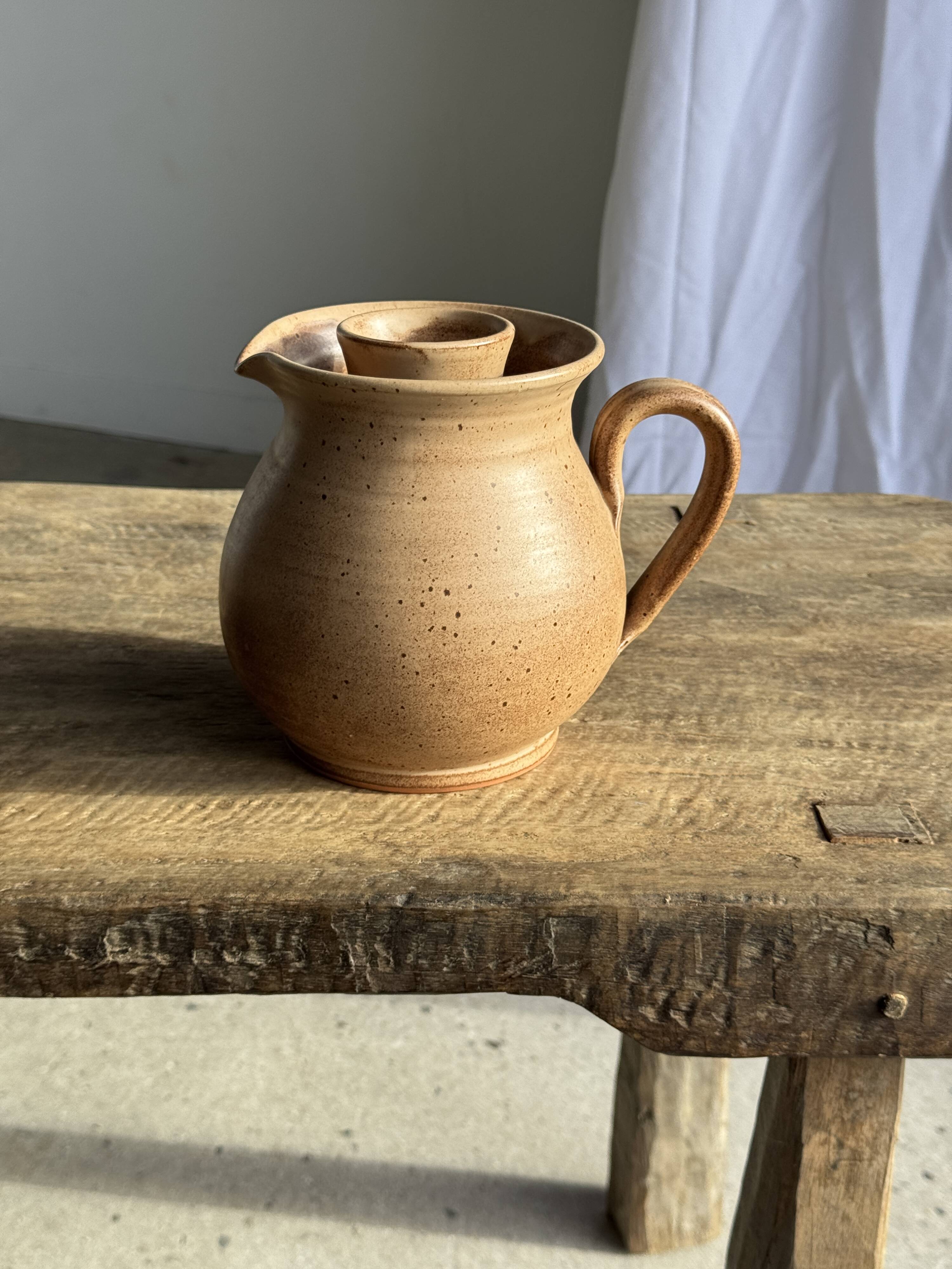 Vintage brutalist stoneware pink wine cooler pitcher H19