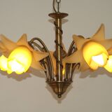 Vintage 5-light chandelier in metal with a bronze effect and flower-shaped lampshades, France.
