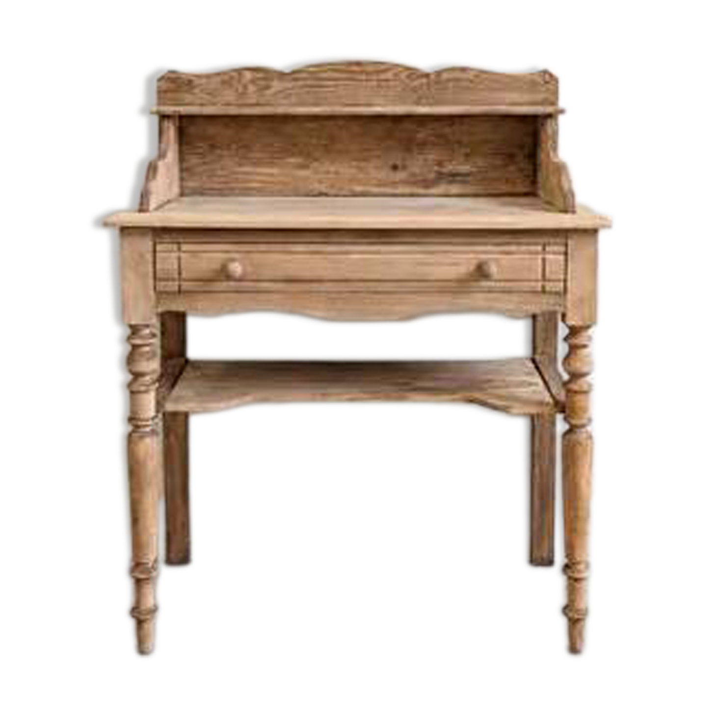 Bureau / coiffeuse ancienne en bois brut avec étagère