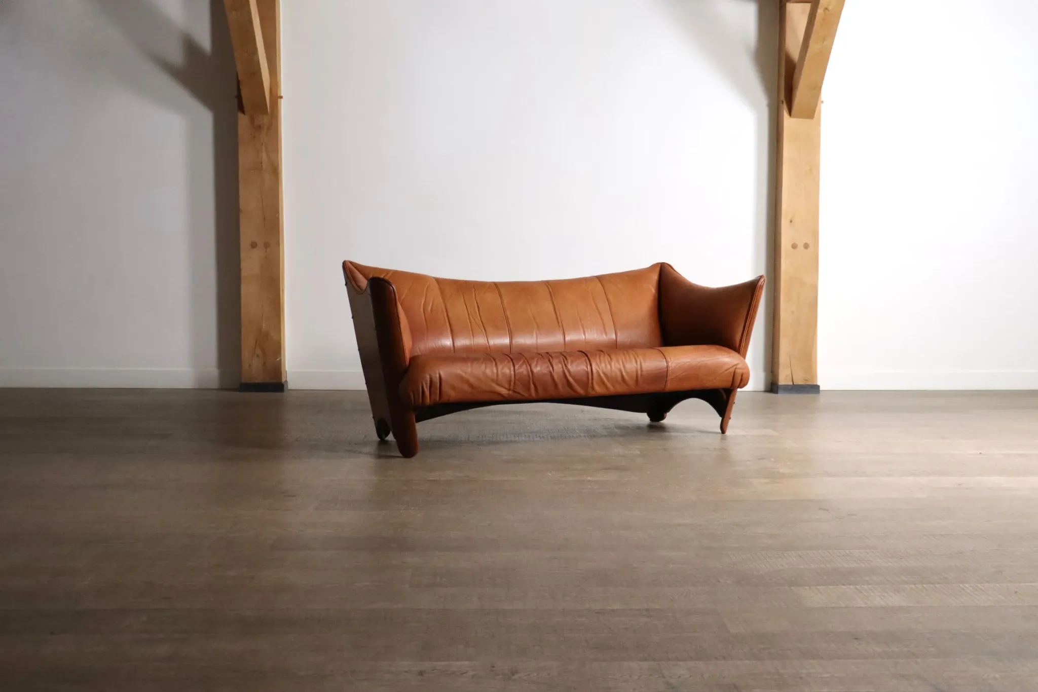 Mid-century sofa in cognac leather and wood by Pacific Green, Australia 1980s