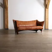 Mid-century sofa in cognac leather and wood by Pacific Green, Australia 1980s