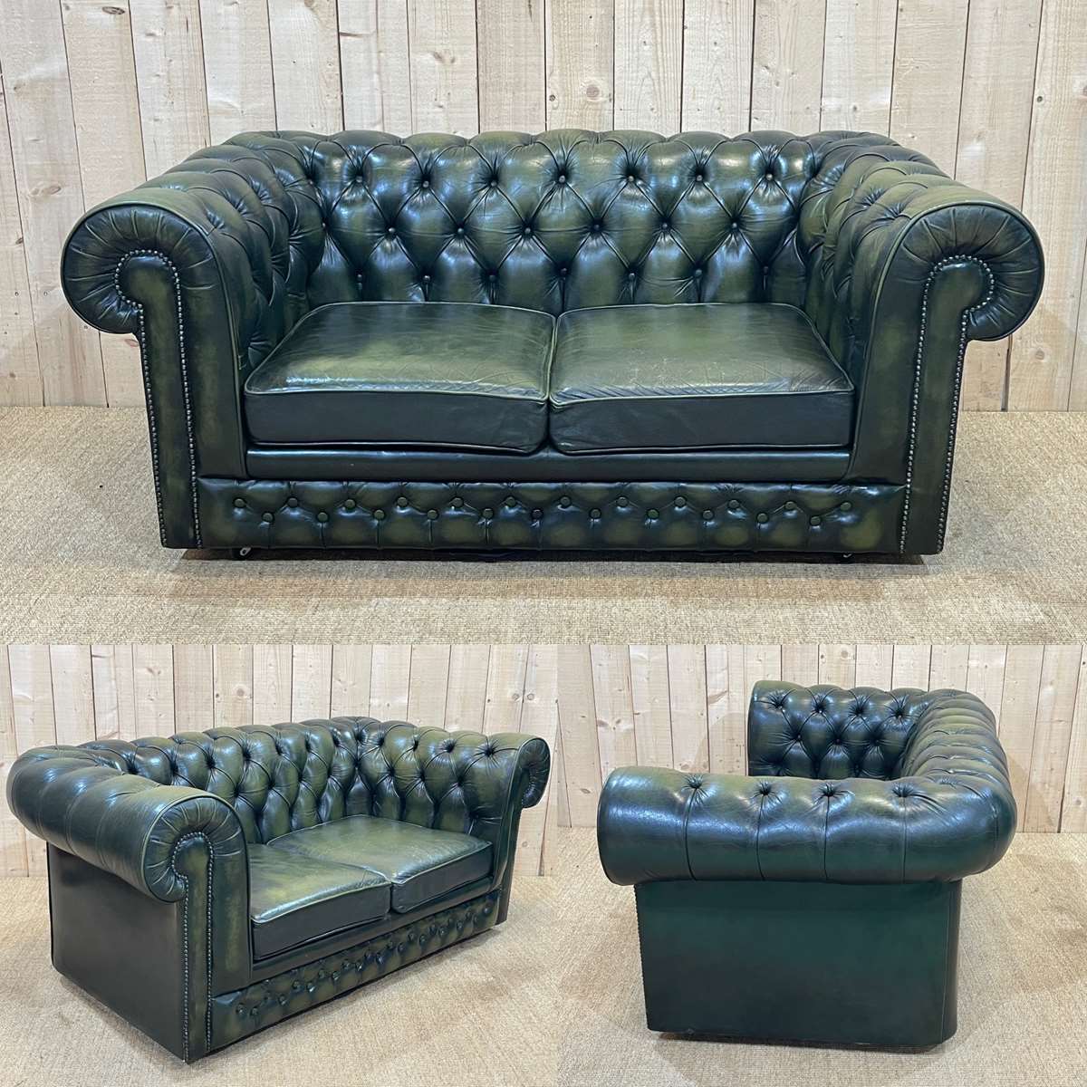 Chesterfield sofa in green leather 2 places from the 70s