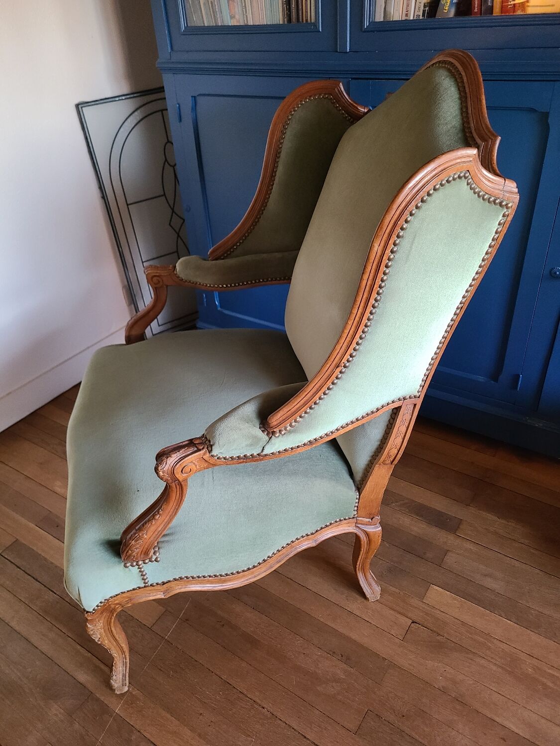 Vintage Louis XV style wing chair, light green velvet
