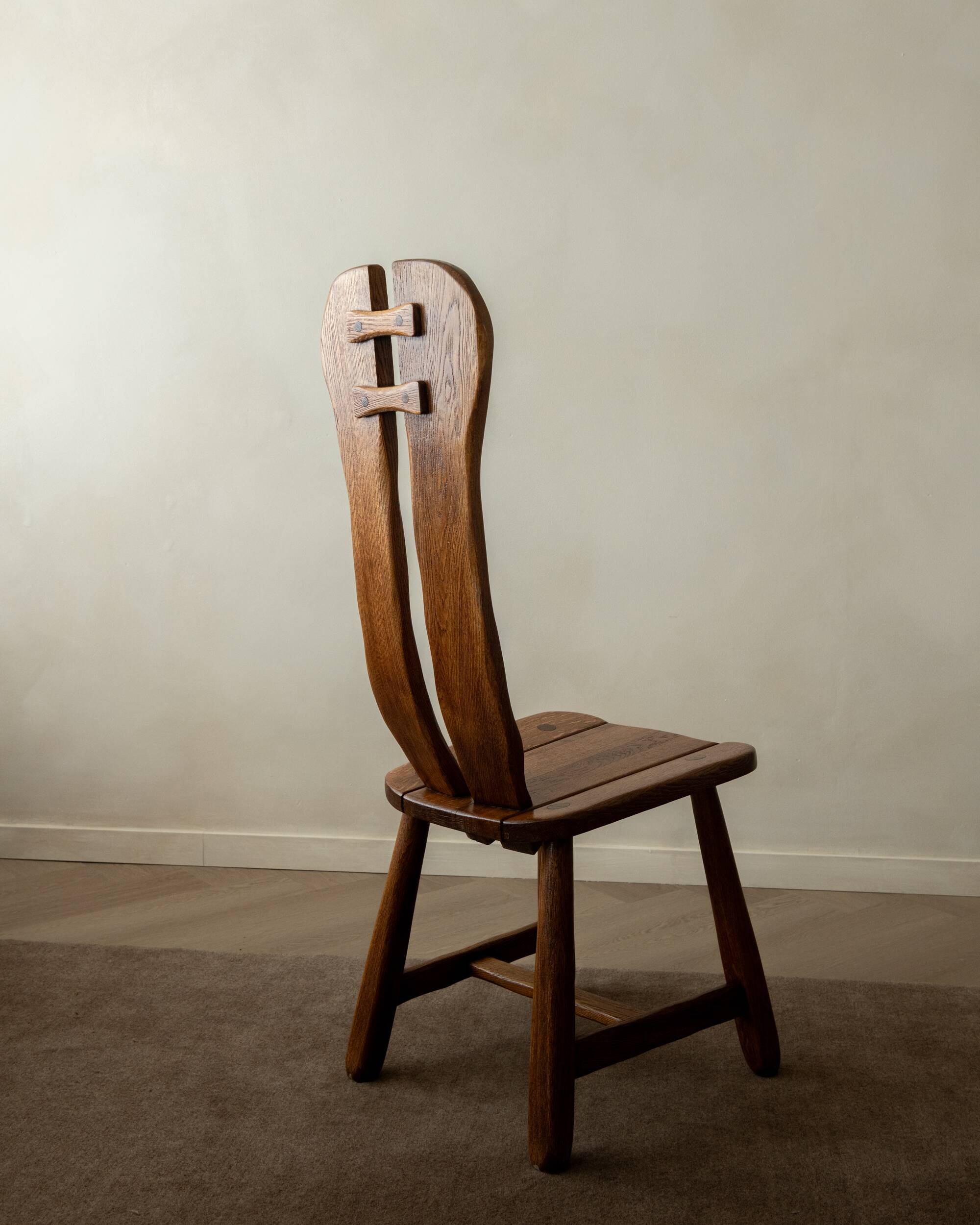 Brutalist Oak Dining Chairs Sculptural Backs by De Puydt, 1960s, Set of 4