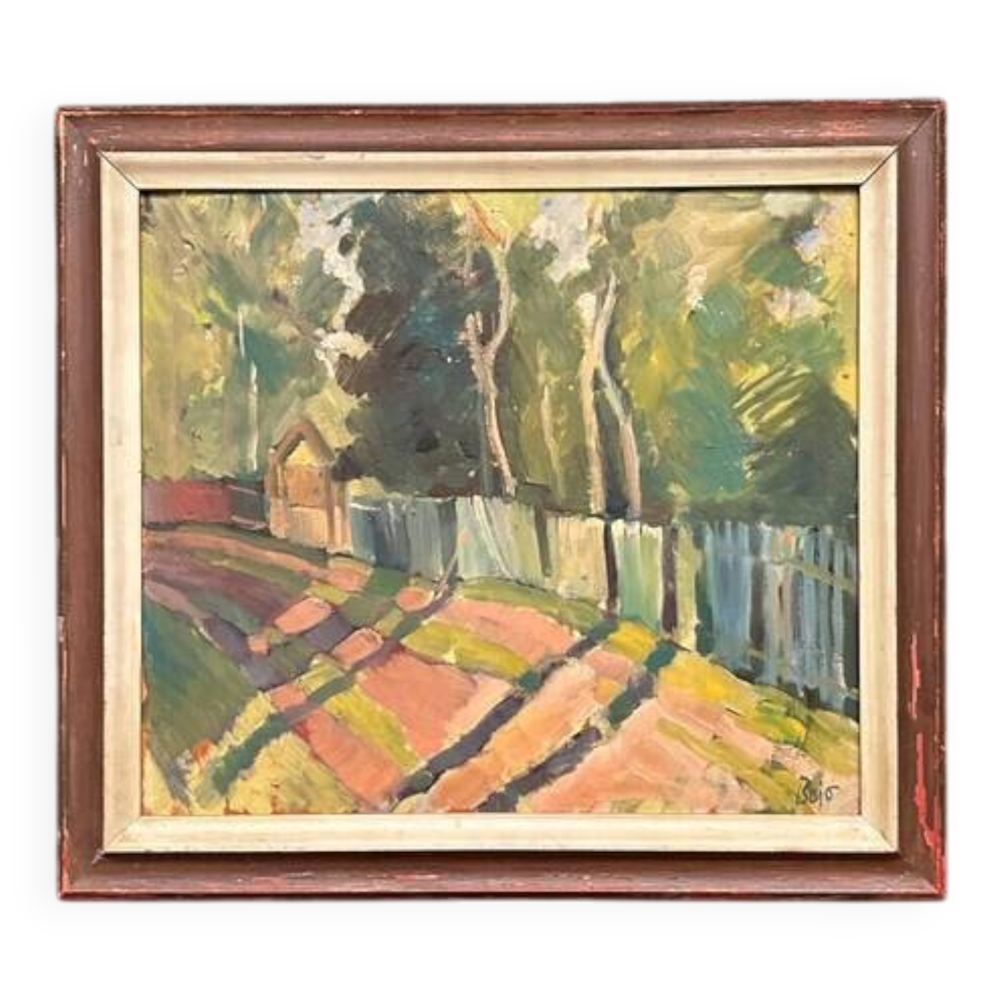 Original Swedish Oil on Panel - "Landscape with Fence" by Bajo - Signed - Vintage and Framed - 58 × 52 cm (22.8" × 20.5")