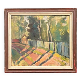 Original Swedish Oil on Panel - "Landscape with Fence" by Bajo - Signed - Vintage and Framed - 58 × 52 cm (22.8" × 20.5")