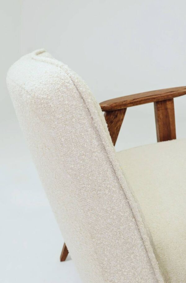 Vintage armchair rustic wood beige bouclé design by Chierowsky