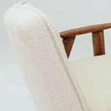 Vintage armchair with rustic wood and beige bouclé design by Chierowsky.
