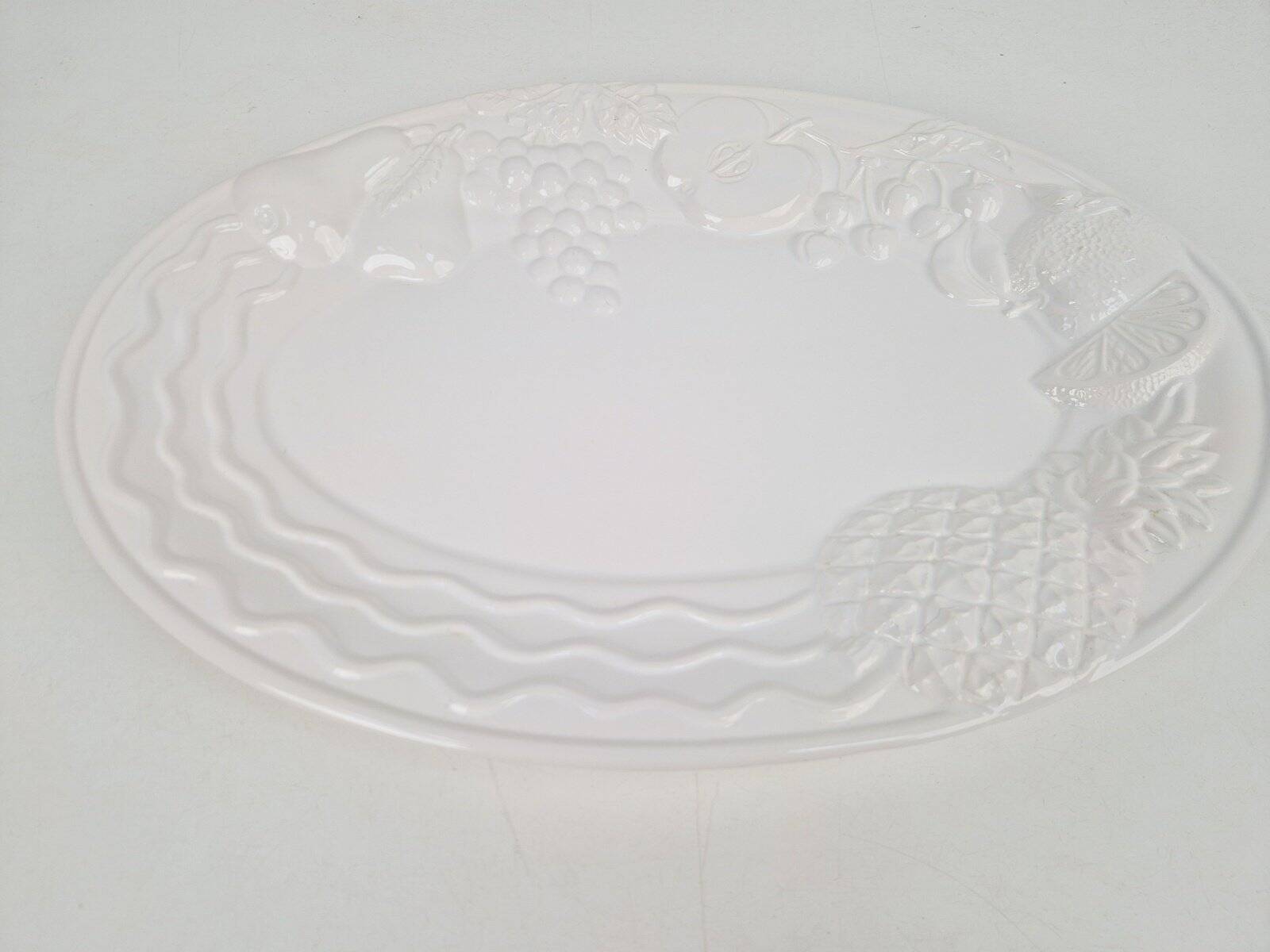 Vintage Large White Majolica Serving Bowl with Relief Fruits by A. Santos, Portugal, 1970s