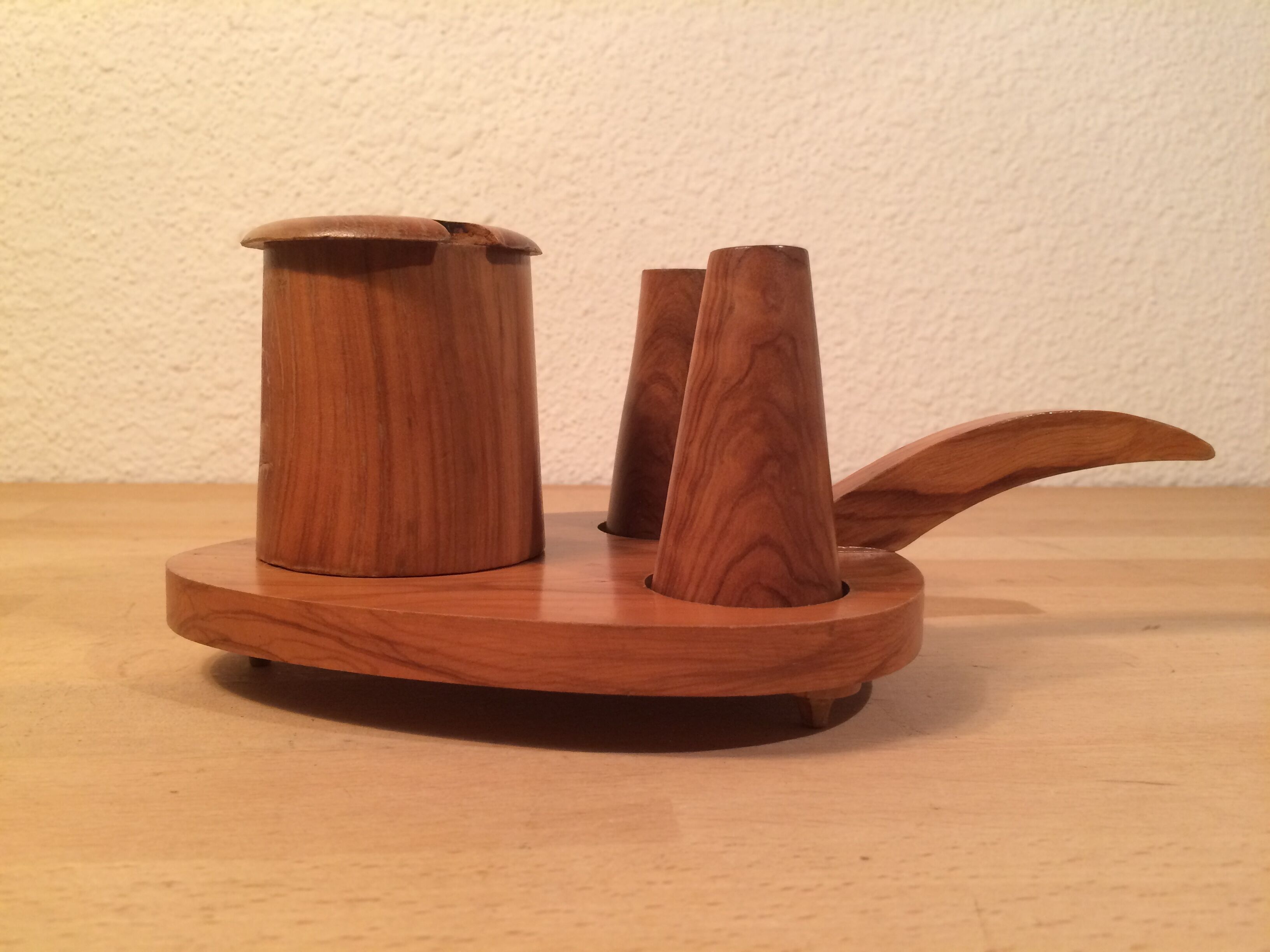 Servant salt pepper and mustard in olive wood, salt shaker