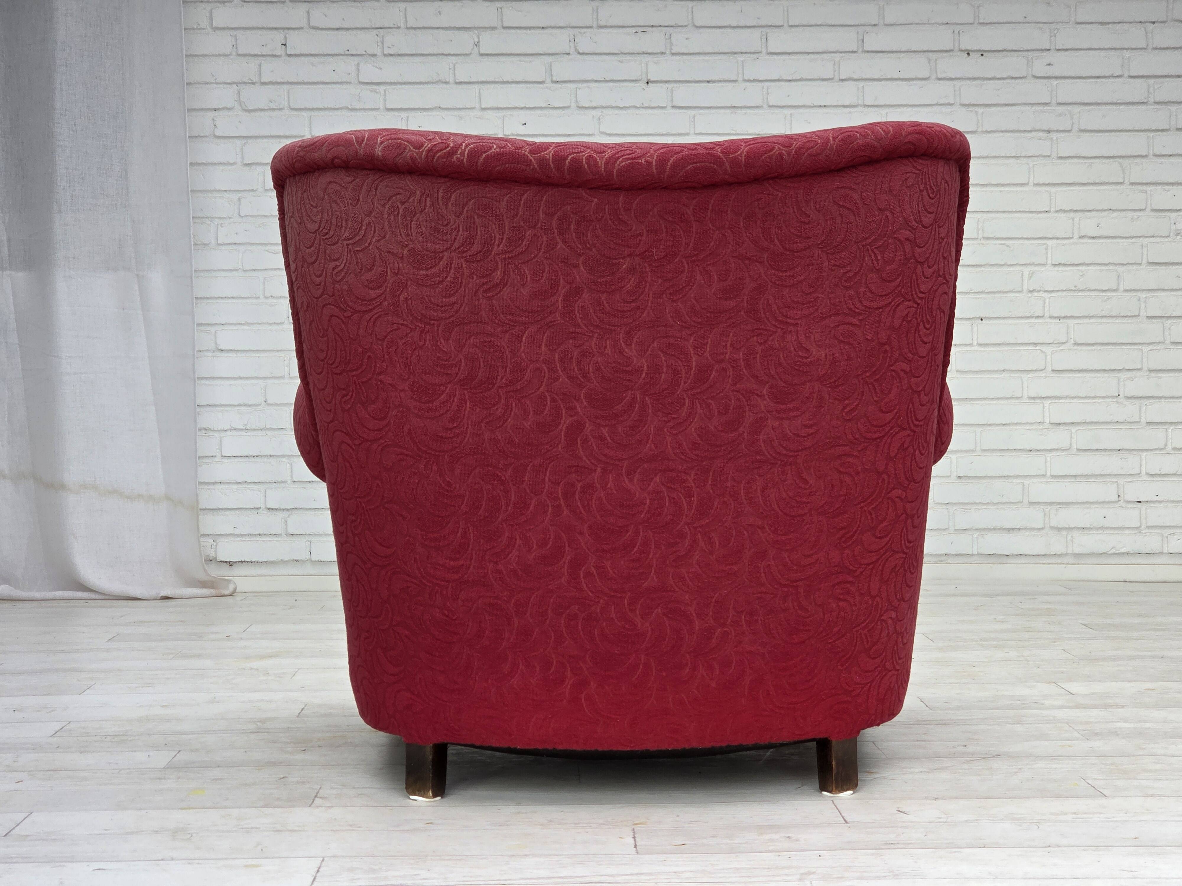 1950s, Danish relax armchair, red furniture fabric, ash wood legs.