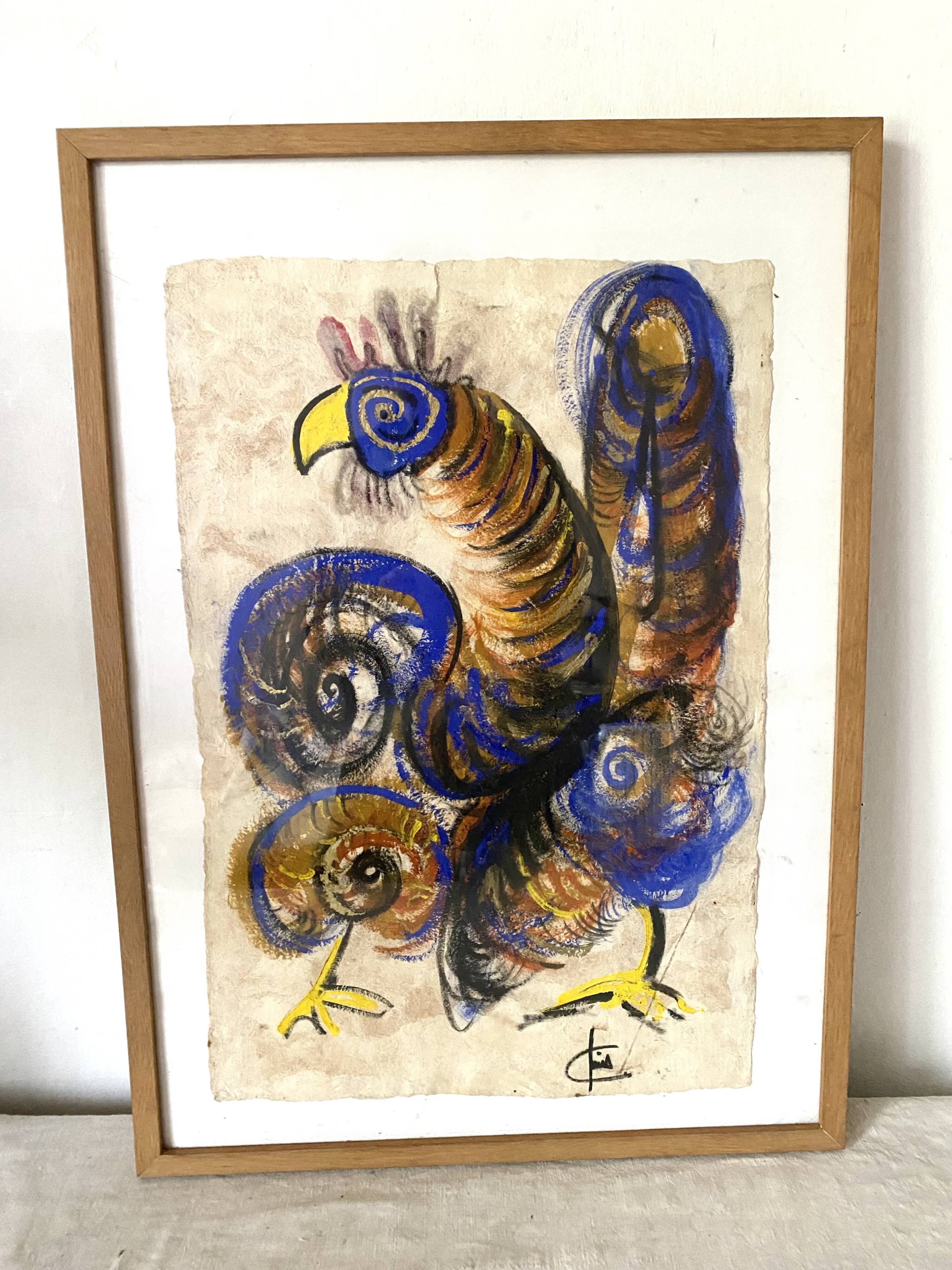 Rooster painting gouache on paper, modern school